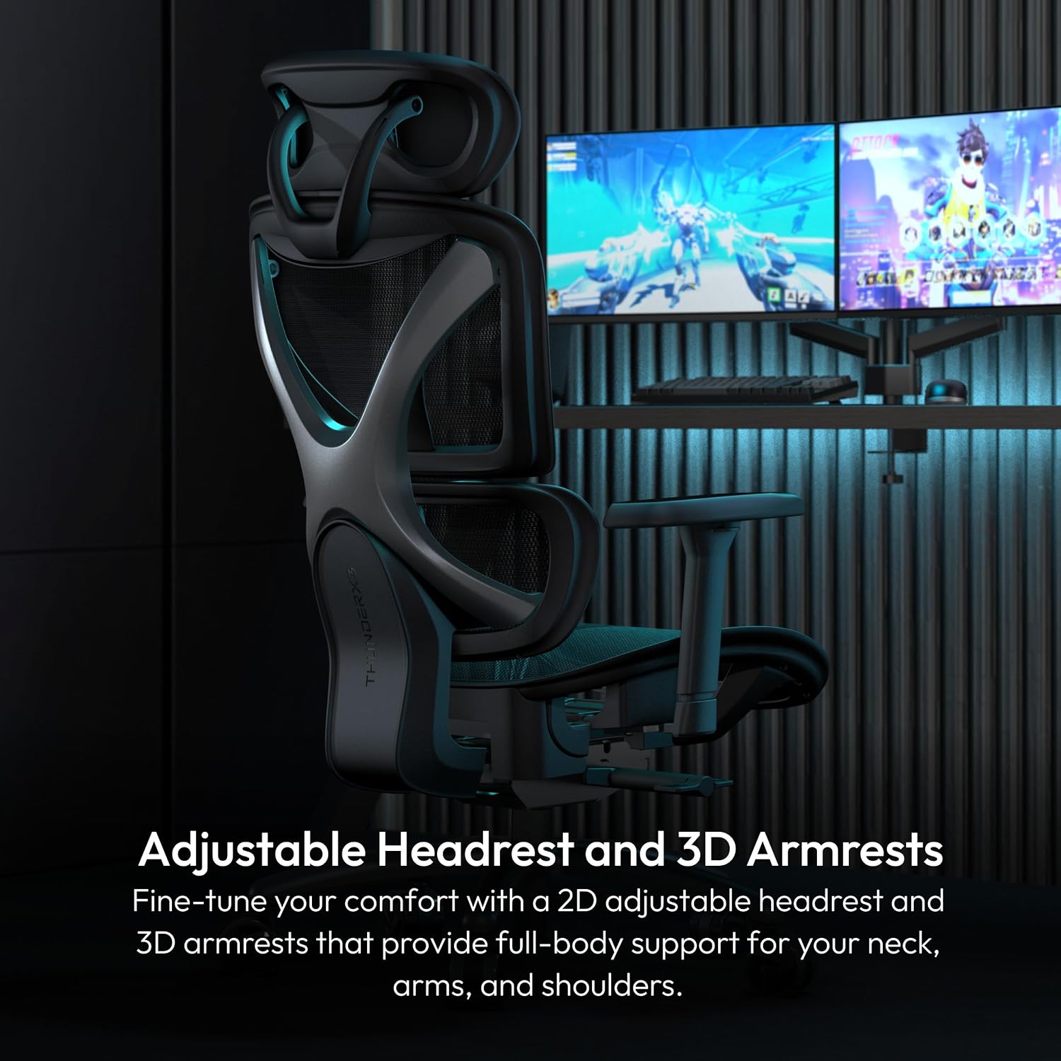 Detalhes do apoio de cabeça e dos braços ajustáveis da ThunderX3 XTC Mesh