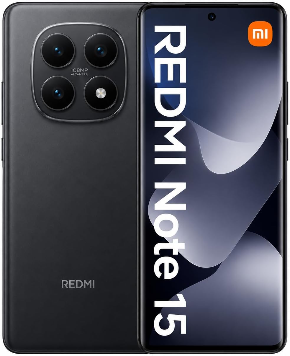 Smartphone Xiaomi Redmi Note 15 preto em vista lateral