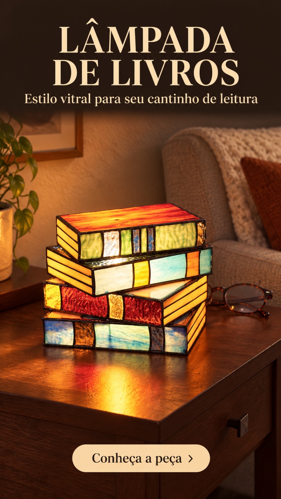 Lâmpada de Livros Empilhados Vitral Mesa