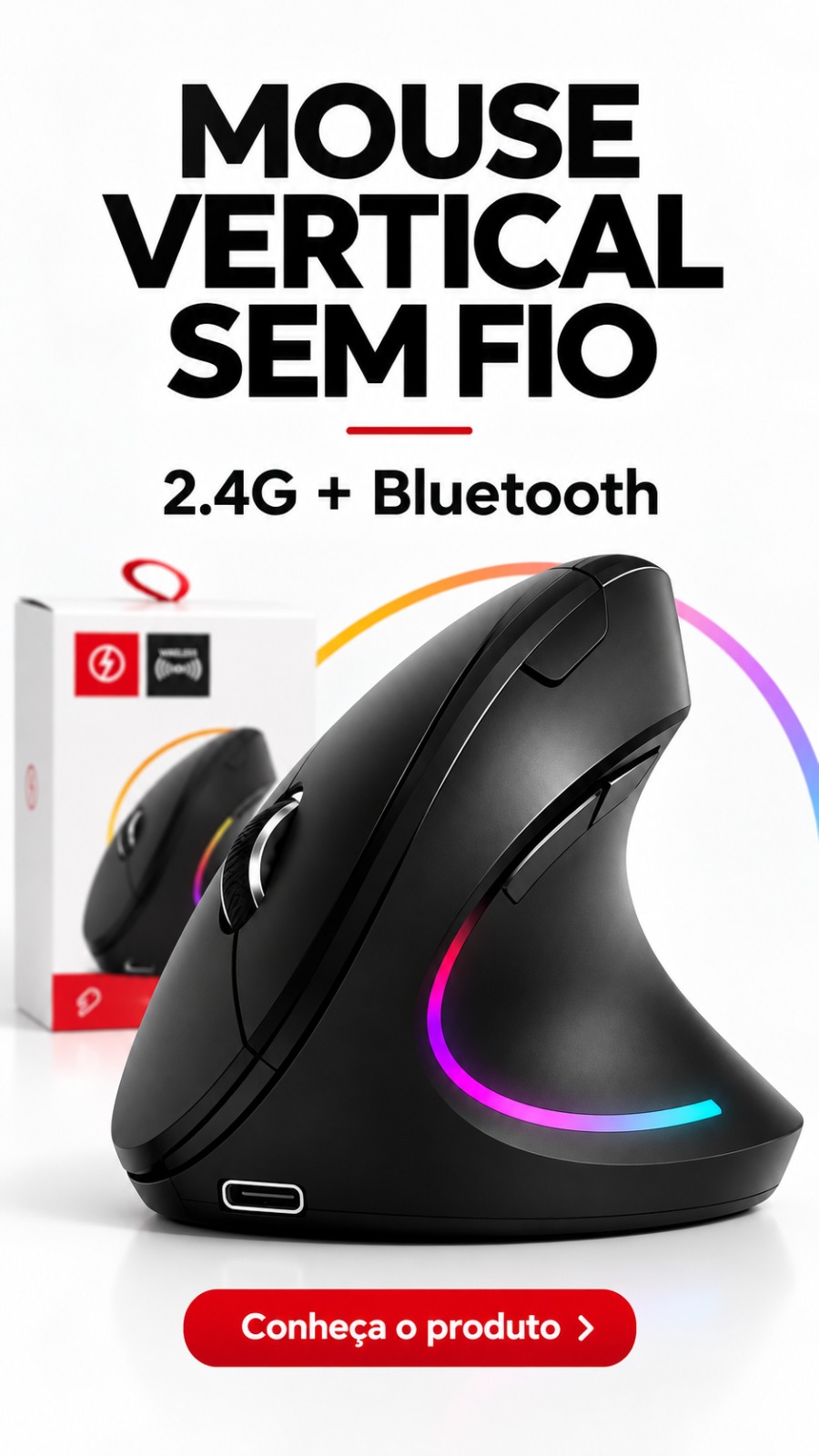 Mouse Ergonômico Sem Fio Vertical Ortopédico Recarregável Clique Silencioso