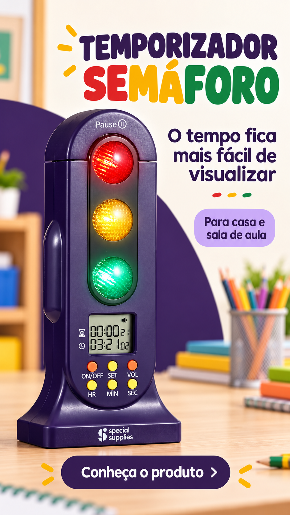 Temporizador audiovisual de semáforo para crianças com luzes e cronômetro
